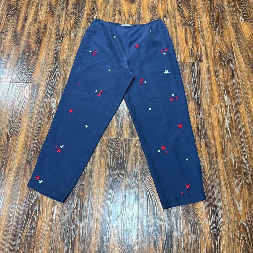 Vintage‎ Allison Taylor Navy 100% Silk Pants Red White Star Embroidery Size 12 L
